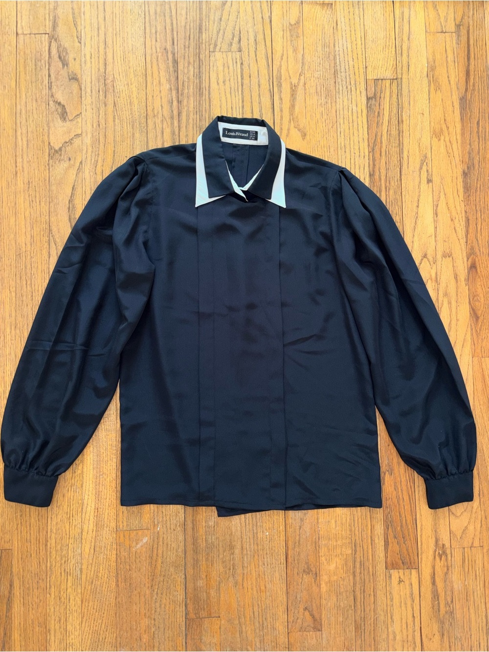 Louis Feraud Black Double Breasted Blouse with White Pointed Collar